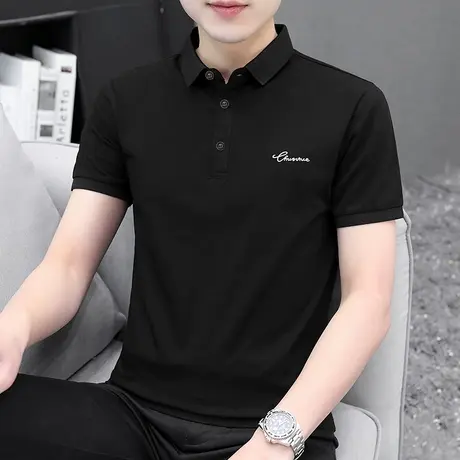 莫代尔冰丝polo衫男士短袖翻领t恤潮牌夏季纯色黑色有领半袖体恤商品大图