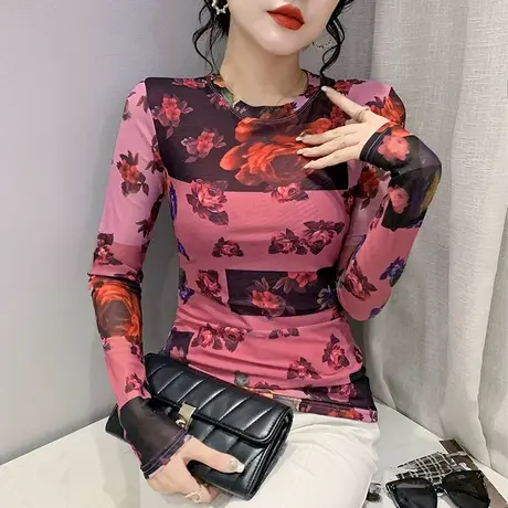 复古印花长袖T恤女士年轻减龄妈妈装圆领网纱打底衫显瘦百搭上衣商品大图