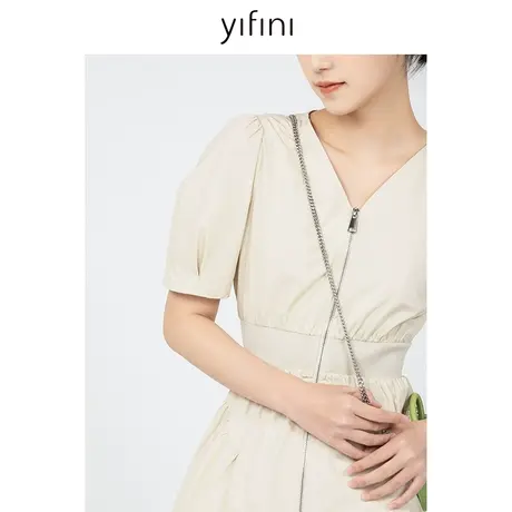 Yifini/易菲收腰显瘦气质V领短袖纯棉连衣裙女初秋新款茶歇裙图片