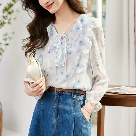时尚气质淑女碎花长袖衬衫2023年春夏新款温柔甜美V领宽松上衣图片