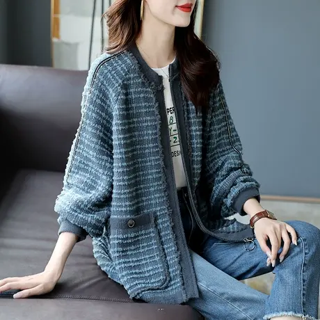 宝诗黎圆领格子亮丝短外套2025早春新款宽松上衣高级感时尚夹克女商品大图