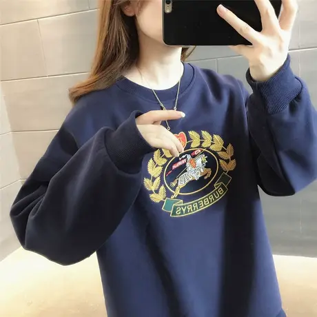 新款卫衣2023秋冬韩版加绒加厚圆领百搭时尚减龄宽松小众外套上衣商品大图