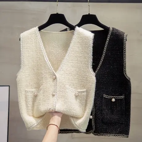 小香风v领针织开衫马甲背心女2023秋装新款宽松马夹短款毛衣坎肩图片