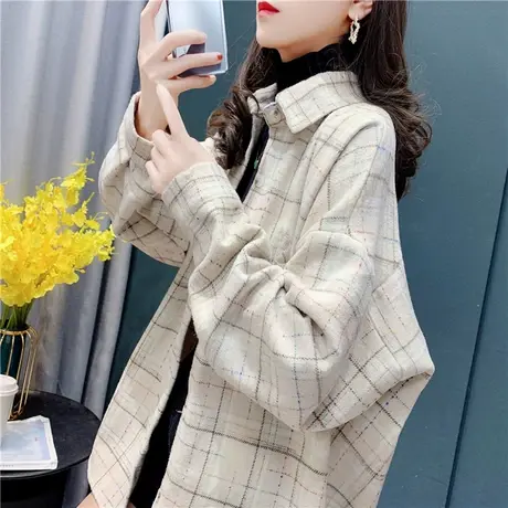 春秋装2023年新款毛呢格子衬衫女长袖外套宽松韩版设计感小众衬衣商品大图
