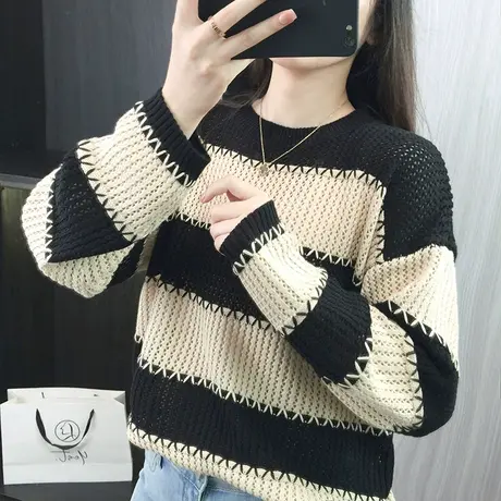 镂空针织衫女装2023年新款春秋季慵懒风宽松圆领套头毛衣条纹上衣商品大图