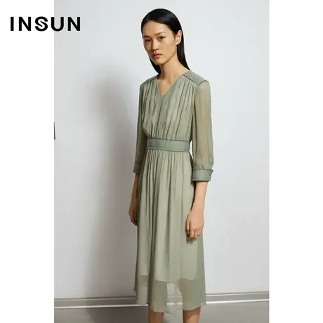 INSUN恩裳秋季桑蚕丝七分袖收腰连衣裙图片