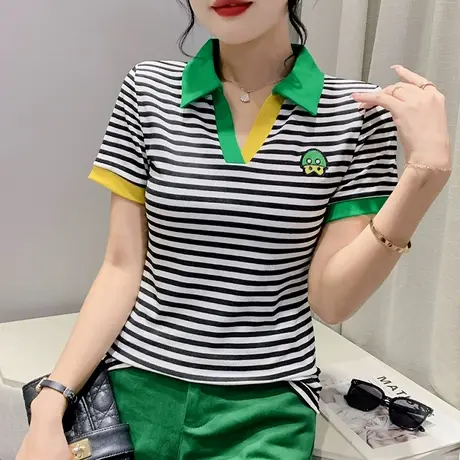 条纹polo短袖女2024夏季新款欧货洋气翻领上衣时尚拼色insT恤小衫商品大图