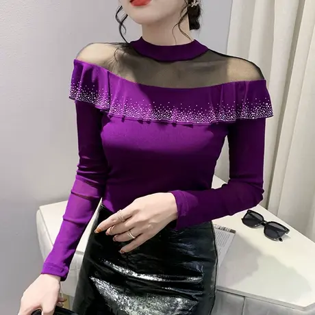 网纱拼接打底衫女春秋款时尚烫钻荷叶边上衣漂亮气质妈妈长袖T恤商品大图