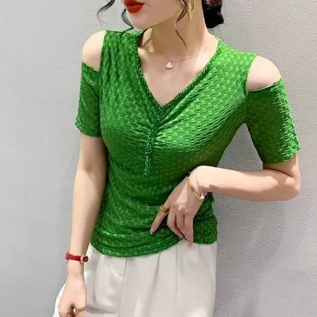 欧货性感露肩T恤女短袖时尚钉珠V领上衣气质网纱小衫修身显瘦半袖图片
