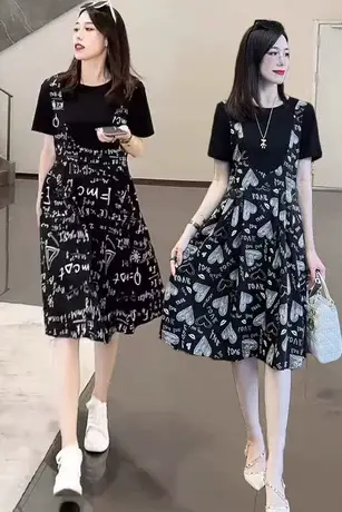 假两件连衣裙女短袖夏装2023新款修身显瘦气质淑女时尚印花a字裙图片