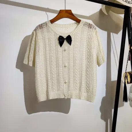 小香风短袖针织衫女夏季新款吊带裙子外搭法式蝴蝶结镂空t恤上衣商品大图