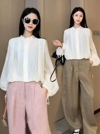 2023春韩版气质百搭显瘦立领下摆抽绳长袖褶皱防晒衬衫女衬衣小衫商品大图