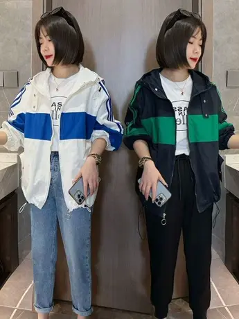 连帽拼接撞色外套女2023春季新款韩版宽松休闲时尚百搭风衣上衣潮商品大图