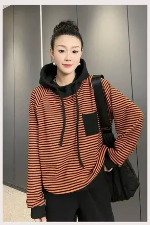 小口袋德绒条纹连帽卫衣女宽松显瘦秋冬新款简约百搭保暖打底上衣图片