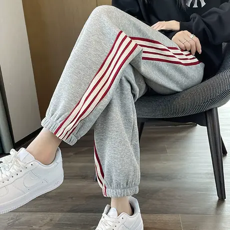 灰色运动裤女束脚2023年春秋新款高腰宽松显瘦九分休闲条纹卫裤潮商品大图