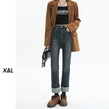 复古直筒牛仔裤女秋季2023新款高腰美式小个子九分翻边显高烟管裤图片