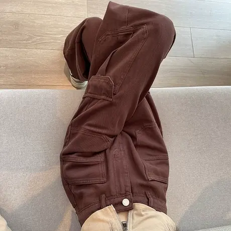 高腰直筒工装牛仔裤女秋季美式街头辣妹宽松阔腿裤高街休闲拖地裤商品大图