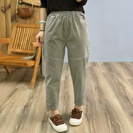 dza 高腰显瘦拼接灯芯绒休闲裤子女冬加绒长裤宽松直筒外穿复古裤图片