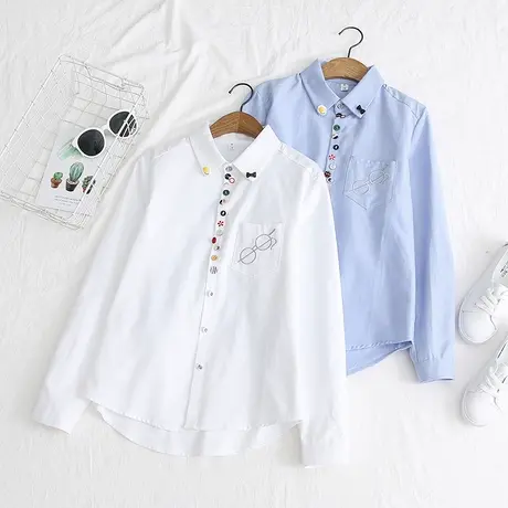 2019春秋新款学院风日系森女刺绣白色衬衫女长袖彩色纽扣打底上衣商品大图