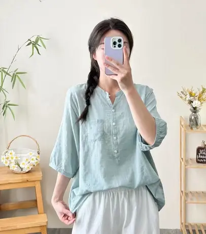 夏季韩版小清新简约V领格子泡泡棉七分袖衬衫女宽松百搭中袖上衣商品大图