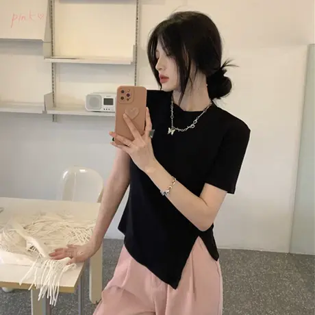 黑色短袖露脐t恤女夏2023年新款设计感小众开叉ins潮高腰短款上衣图片