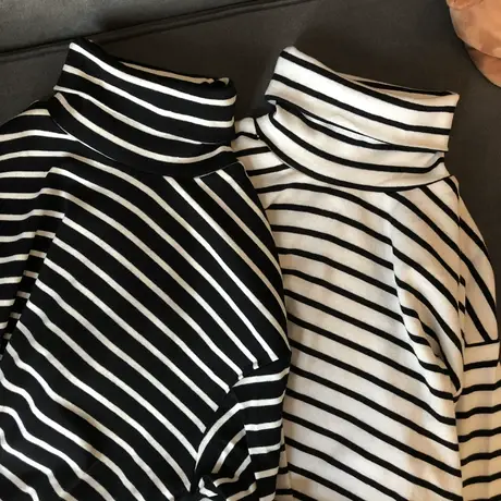 黑白条纹高领打底衫女2024春秋冬韩版内搭长袖t恤堆堆领上衣服潮图片