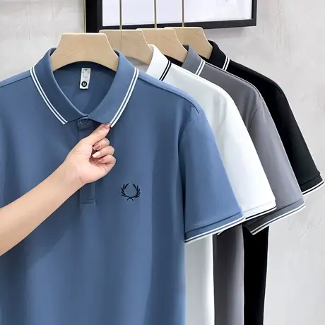 刺绣帅气条纹翻领短袖Polo衫男英伦复古百搭休闲T恤修身保罗上衣商品大图