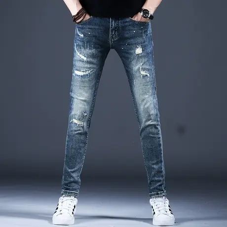 2023秋冬季男士牛仔裤男款简约修身破洞补丁小脚裤子百搭潮牌潮流商品大图