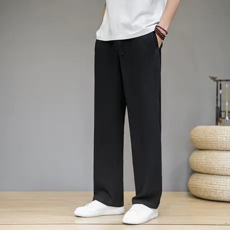 春秋男士休闲裤棉麻夏季垂感中国风青年宽松加肥加大码男直筒长裤图片