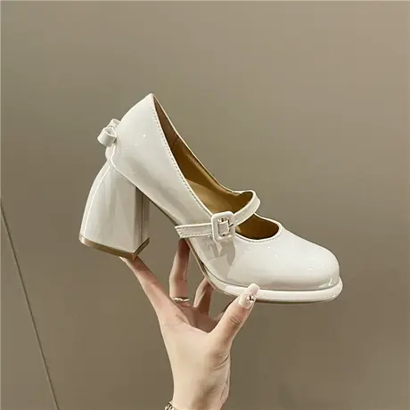 玛丽珍小皮鞋女2023春季新款法式复古漆皮浅口一字带时尚粗跟单鞋商品大图
