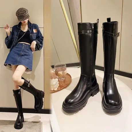 骑士靴女长靴2024年秋冬季新款中筒网红长筒靴小个子高筒粗跟长靴图片