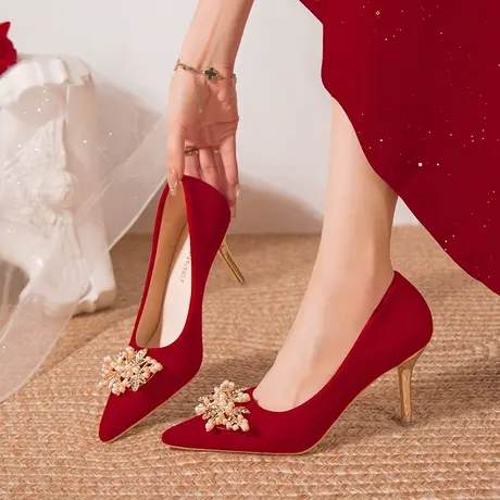婚鞋新娘鞋红色高跟鞋女2024新款单鞋不累脚敬酒中式秀禾服结婚鞋图片