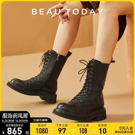 BeauToday中筒靴女2024新款BT真皮高跟马丁靴黑色粗跟增高女靴图片