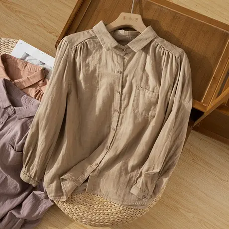 享永子全棉长袖衬衫女文艺复古纯色百搭休闲上衣衬衣2024秋季新款商品大图