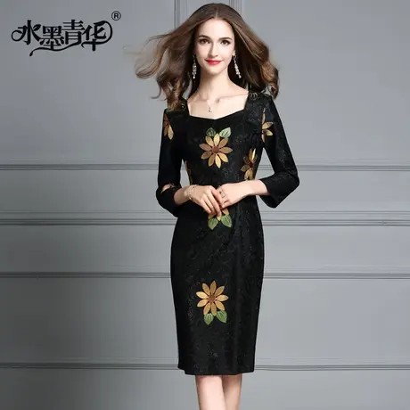 【1件7.9折】冬装新品时尚修身显瘦气质优雅复合蕾丝绣花连衣裙商品大图