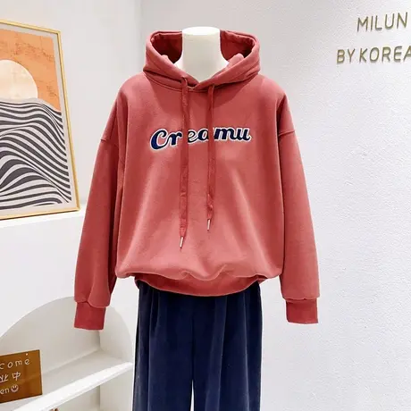 小个子加绒卫衣连帽~秋冬复古美式字母红色摇粒绒上衣保暖帽衫图片