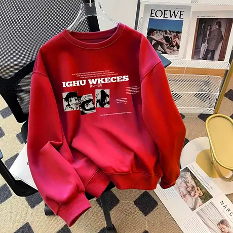 本命年红色上衣hiphop潮牌大码喜庆龙年卫衣女ins潮秋冬加绒外套商品大图