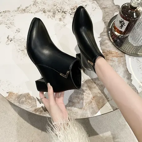 高级感炸街小短靴子女2023新款秋冬季女鞋百搭粗跟高跟鞋子瘦瘦靴商品大图