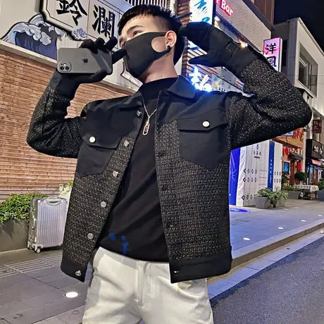 2022秋季男士夹克工装拼接牛仔潮流个性机车拼色时尚休闲外套上衣商品大图