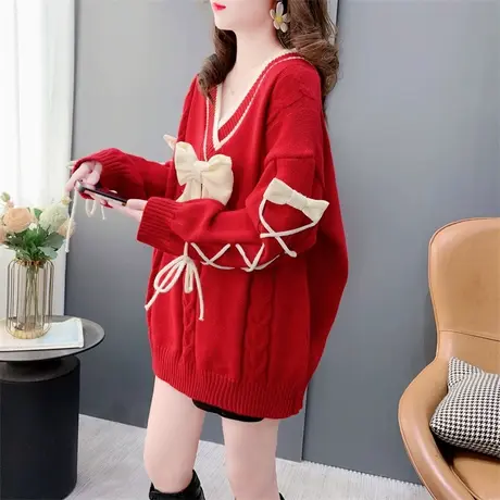 设计感甜美大蝴蝶结V领新年红色毛衣女秋冬外穿洋气减龄针织上衣商品大图