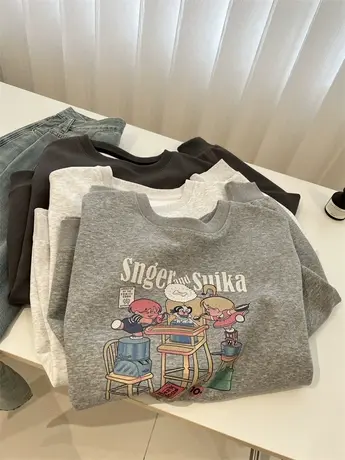 美式卡通印花减龄圆领套头卫衣女宽松慵懒外套学生潮2024秋季新款商品大图