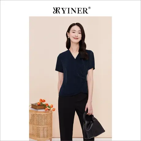 YINER音儿线上专选女装2023夏季钉珠短袖T恤V领收腰上衣商品大图