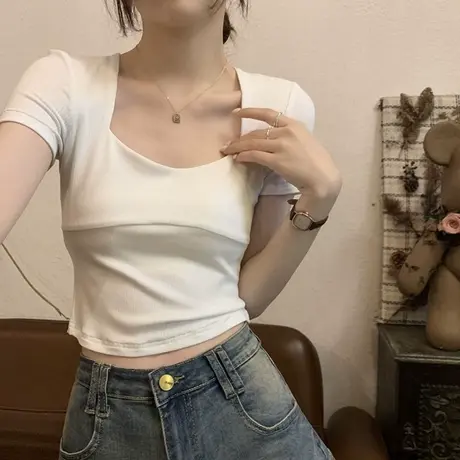 甜辣妹方领露锁骨短袖T恤女夏季韩版修身显瘦短款露脐纯欲上衣潮商品大图