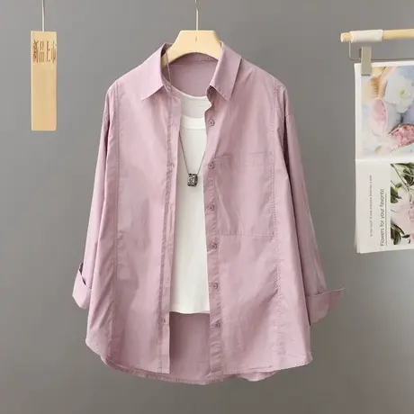 休闲纯棉衬衫外套女春秋衬衣开衫韩版宽松复古粉紫色港味显瘦上衣图片