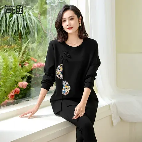 黑色刺绣国风卫衣简涵大码2024春季新款时尚休闲宽松设计感上衣商品大图