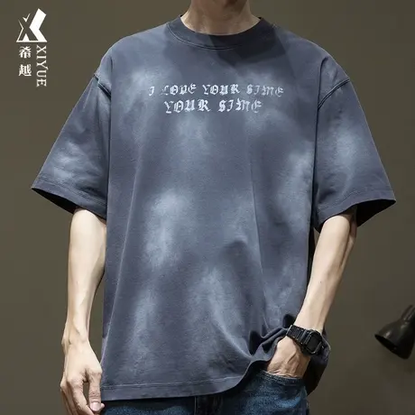 300G重磅水洗男士短袖春季新款宽松大码美式印花圆领打底衫T恤男图片