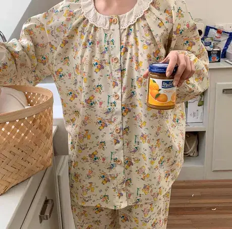 韩版ins元气纯棉睡衣女可爱少女卡通宽松舒适长袖居家服套装商品大图