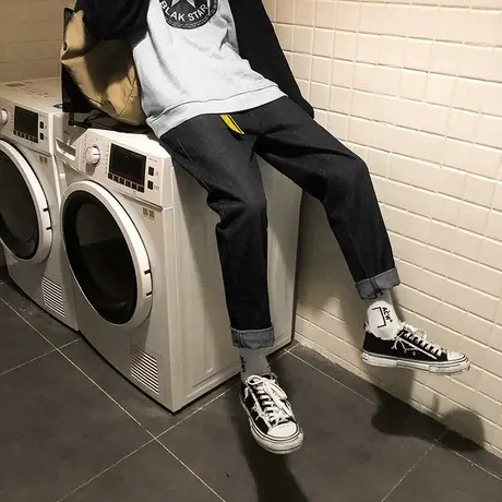 弹力男士牛仔裤夏季薄款潮牌宽松直筒修身韩版潮流小脚百搭长裤子商品大图