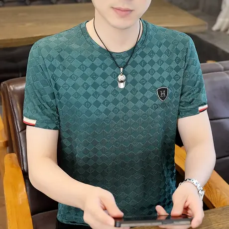 2023夏季男士冰丝短袖T恤加肥加大码男装半袖速干透气潮流体恤衫商品大图