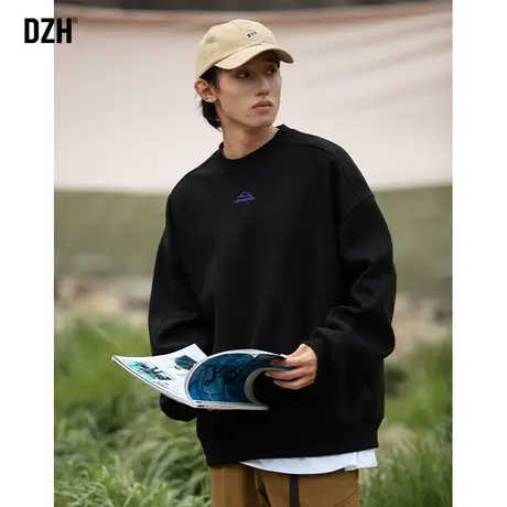 男士麂皮绒重磅卫衣男潮牌圆领春季黑色上衣打底衫2024年新款衣服商品大图